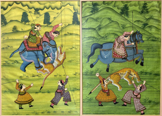 Pair of Mughal‑Style Silk Paintings, “Tiger Hunt”, India, c. 1985–1990