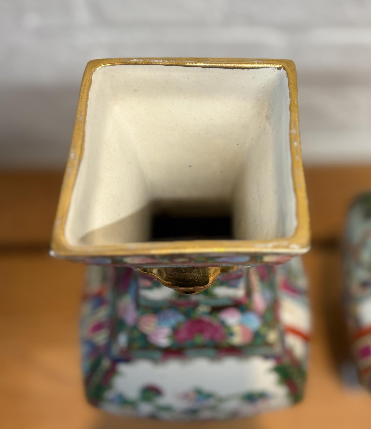 Pair of Late 20th‑Century Chinese Famille Rose Vases on Porcelain Stands