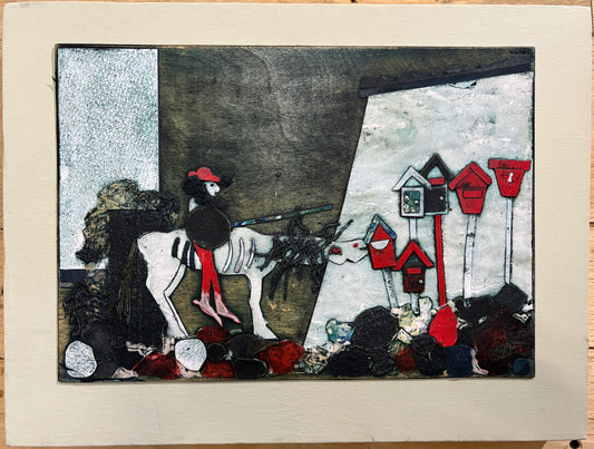 Collagraph Plate “Tilting at Postboxes” by Judy Townsend