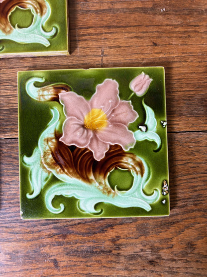 Set of 3 Art Nouveau Relief-Moulded Fireplace Tiles – Pink Clematis on  c.1900