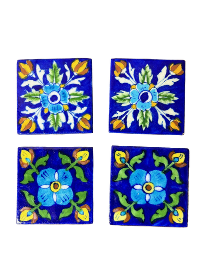 Set of 4 Hand‑Painted Persian/Jaipur‑Style Floral Tiles on Cobalt Blue, 7.5 cm
