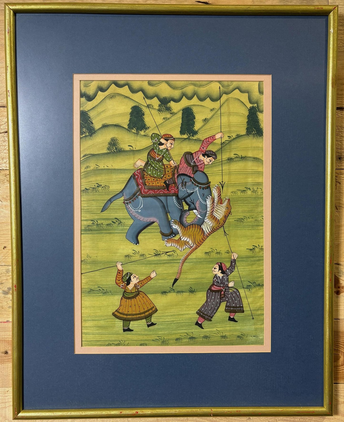 Pair of Mughal‑Style Silk Paintings, “Tiger Hunt”, India, c. 1985–1990