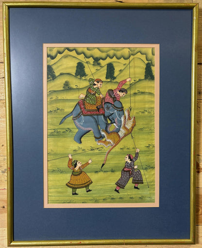 Pair of Mughal‑Style Silk Paintings, “Tiger Hunt”, India, c. 1985–1990