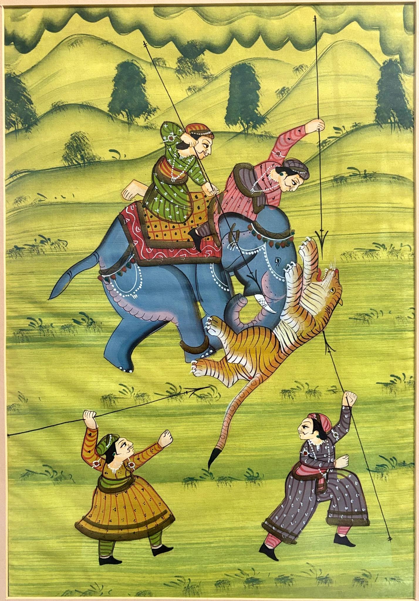 Pair of Mughal‑Style Silk Paintings, “Tiger Hunt”, India, c. 1985–1990