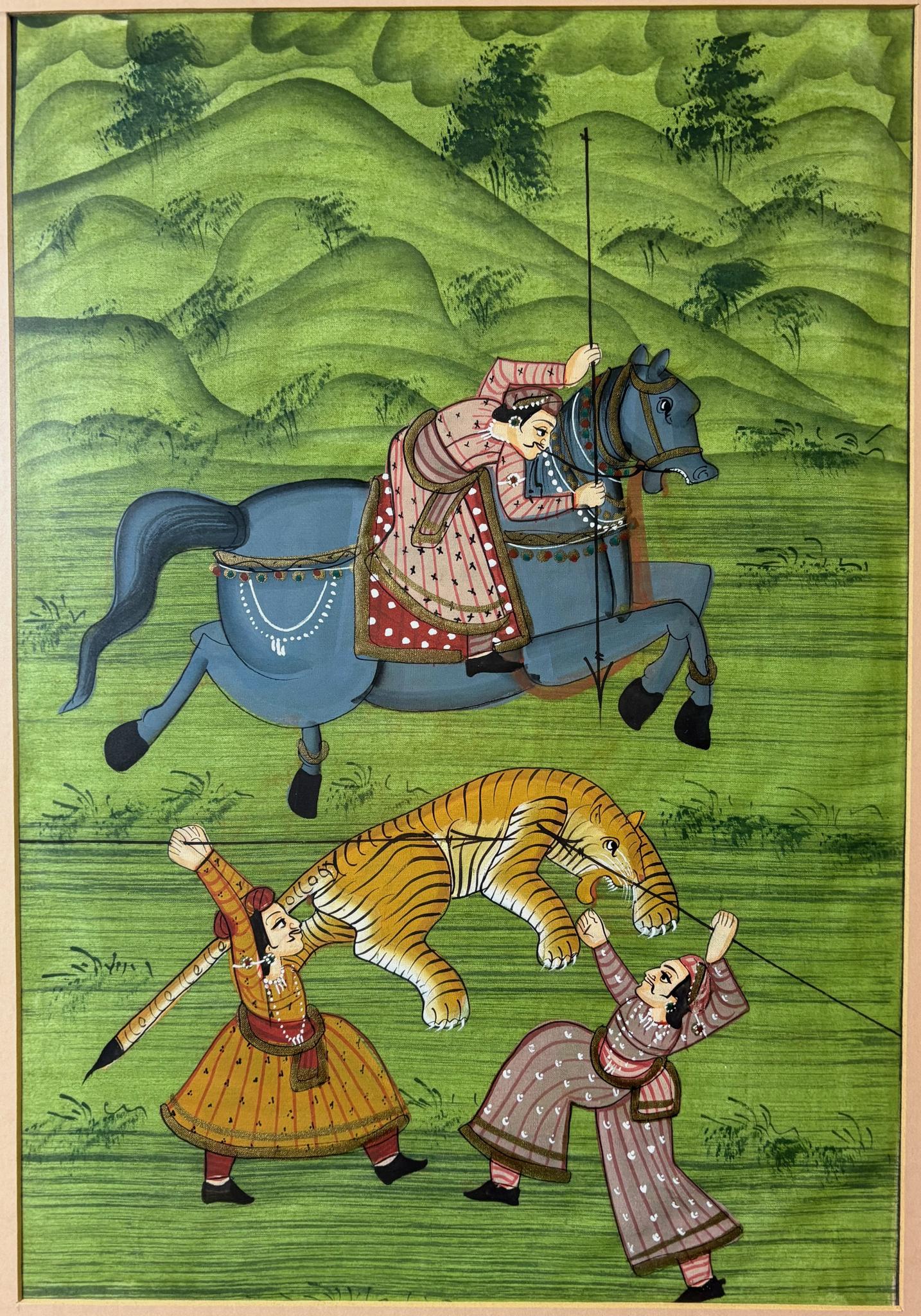 Pair of Mughal‑Style Silk Paintings, “Tiger Hunt”, India, c. 1985–1990