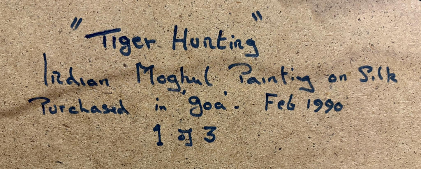 Pair of Mughal‑Style Silk Paintings, “Tiger Hunt”, India, c. 1985–1990