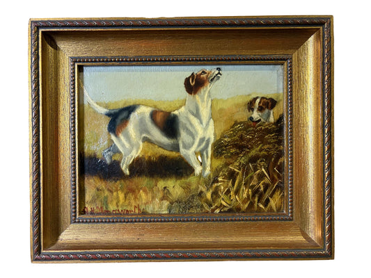 English School Sporting Oil – Foxhounds At Work, c. mid‑20th century, 20 x 14 cm