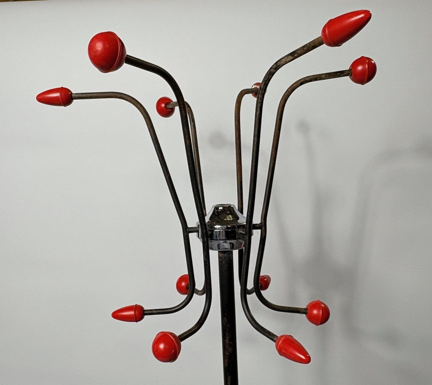 Coat & Umbrella Stand with Red Rocket Finials - 1950s French “Sputnik/Atomic” - manner of Roger Feraud