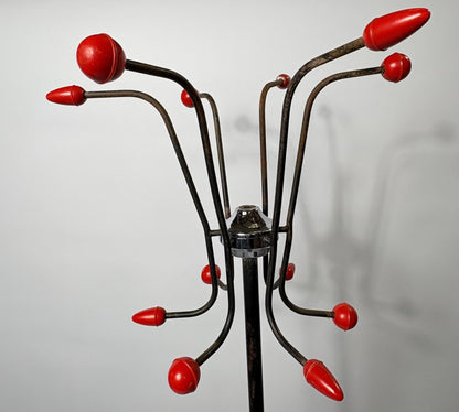 Coat & Umbrella Stand with Red Rocket Finials - 1950s French “Sputnik/Atomic” - manner of Roger Feraud