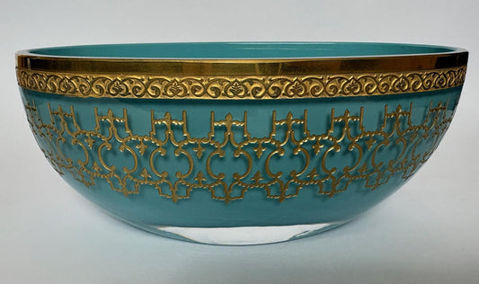 Turquoise Gilt “Harem” Pattern Oval Glass Bowl by BKG with Original Case, 20.5 cm