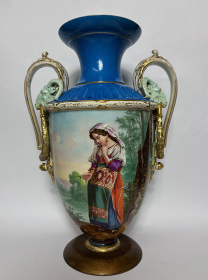 Large 19th‑Century Continental Sèvres‑Style Vase with Ram‑Mask Handles, Hand‑Painted Maiden Scene, 38 cm