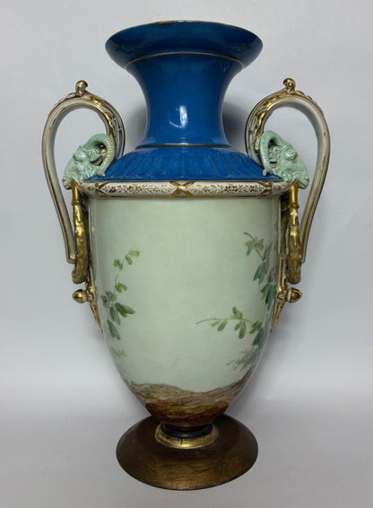 Large 19th‑Century Continental Sèvres‑Style Vase with Ram‑Mask Handles, Hand‑Painted Maiden Scene, 38 cm