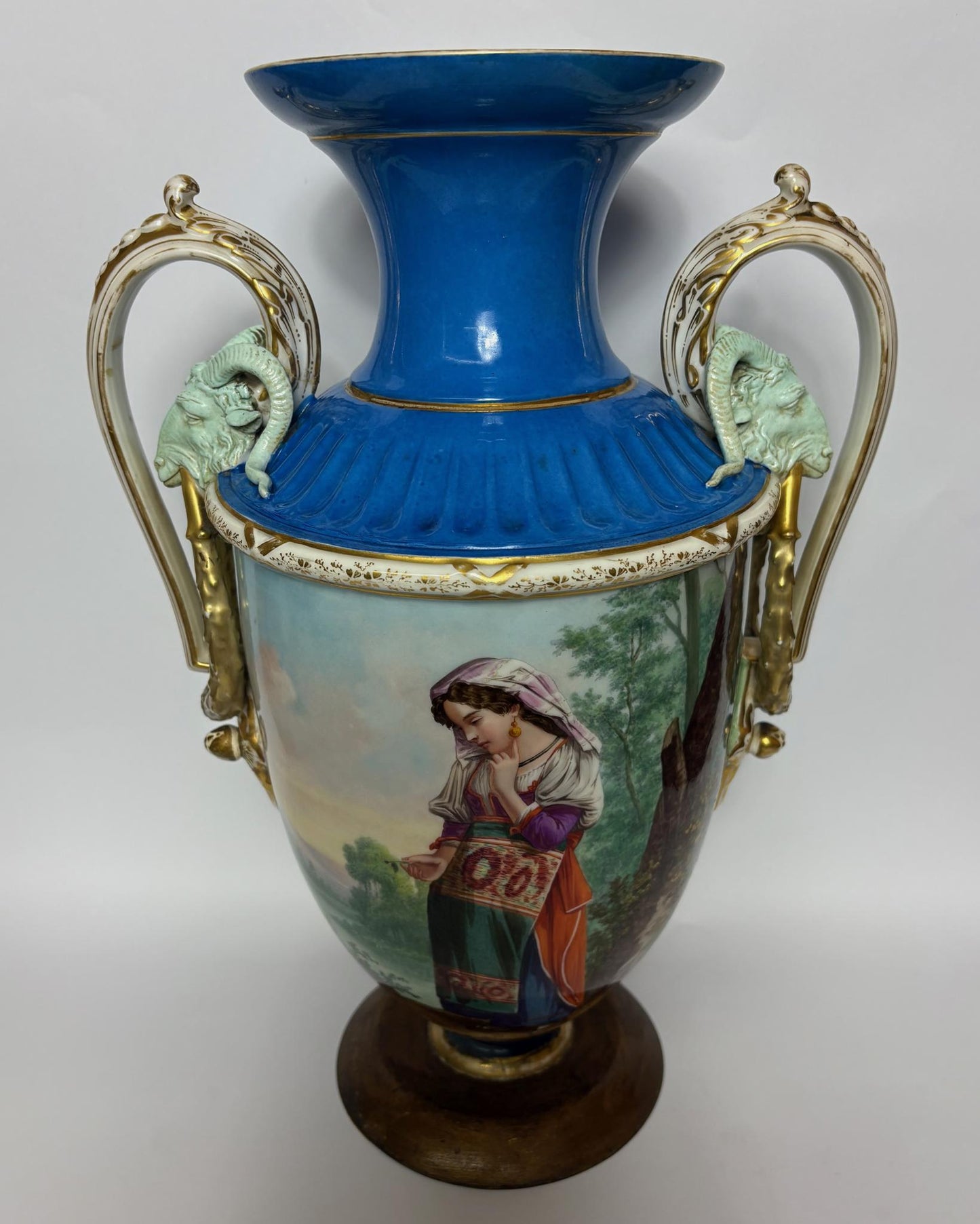 Large 19th‑Century Continental Sèvres‑Style Vase with Ram‑Mask Handles, Hand‑Painted Maiden Scene, 38 cm