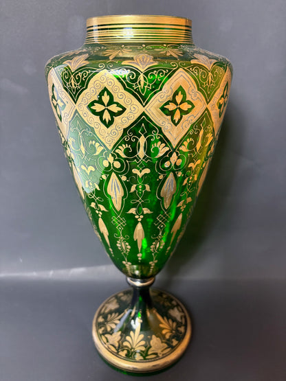 Late 19th‑Century Bohemian Gilt Green Glass Pedestal Vase, c.1880–1900, 32 cm