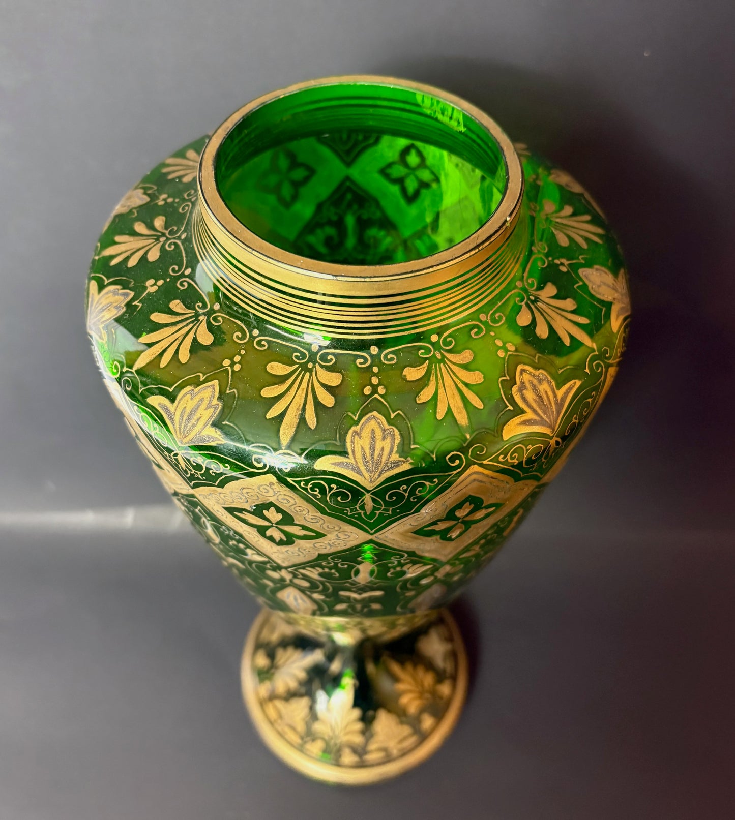 Late 19th‑Century Bohemian Gilt Green Glass Pedestal Vase, c.1880–1900, 32 cm
