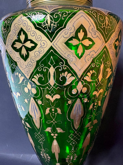 Late 19th‑Century Bohemian Gilt Green Glass Pedestal Vase, c.1880–1900, 32 cm