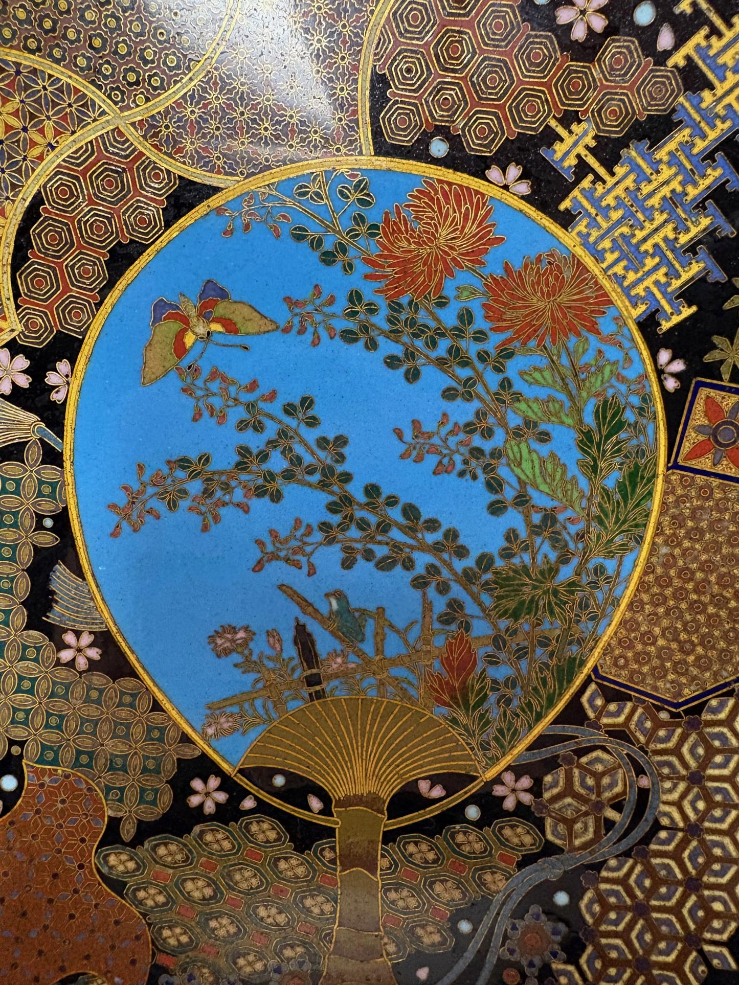 Meiji Japanese Cloisonné Wall Charger, Kyoto School, Chrysanthemums and Butterfly, 30.5cm