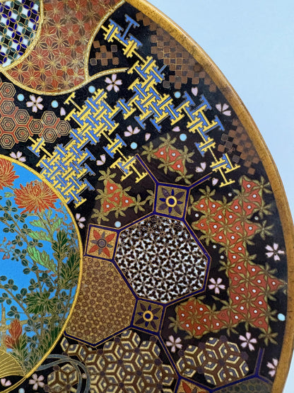Meiji Japanese Cloisonné Wall Charger, Kyoto School, Chrysanthemums and Butterfly, 30.5cm