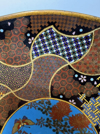 Meiji Japanese Cloisonné Wall Charger, Kyoto School, Chrysanthemums and Butterfly, 30.5cm