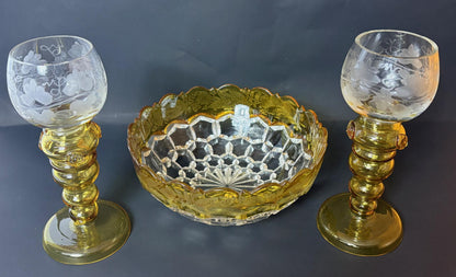 Early 20th Century Honeycomb Amber Glass Bowl & Roemer Wine Glass Pair – Etched Yellow Stem Vintage Table Set