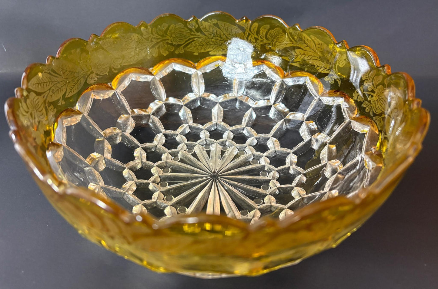 Early 20th Century Honeycomb Amber Glass Bowl & Roemer Wine Glass Pair – Etched Yellow Stem Vintage Table Set
