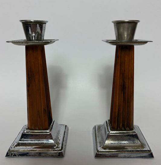 Pair of Art Deco Bakelite & Silver‑Plate Candlesticks, 1930s, 15cm High