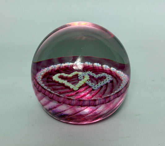 Millefiori Glass Paperweight – Caithness “Double Heart”, Cranberry Swirl