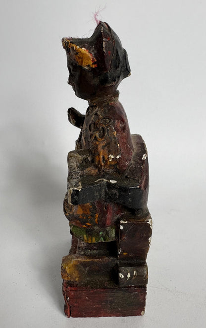 Antique Chinese Carved Wooden “Emperor” Figure – Polychrome Traces & Ink Inscription, 13cm