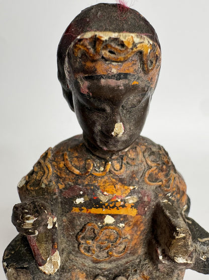 Antique Chinese Carved Wooden “Emperor” Figure – Polychrome Traces & Ink Inscription, 13cm