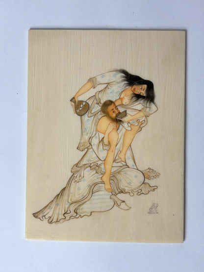 1977 Isfahan Iranian Miniature Painting on Camel Bone, Signed “Okhoudt”