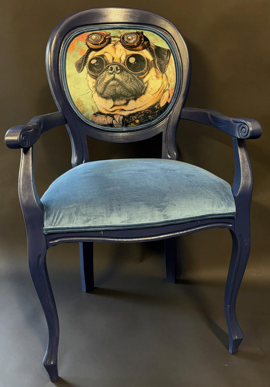 Upcycled Vintage Louis-Style Armchair – Navy Painted Frame, Velvet Seat & Steampunk Pug Back