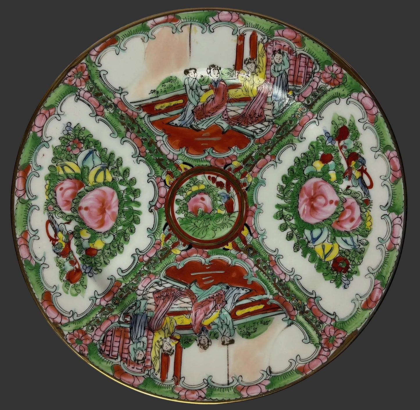Chinese Famille Rose Medallion Porcelain Plate with Figures & Peonies, Qianlong-Style Mark