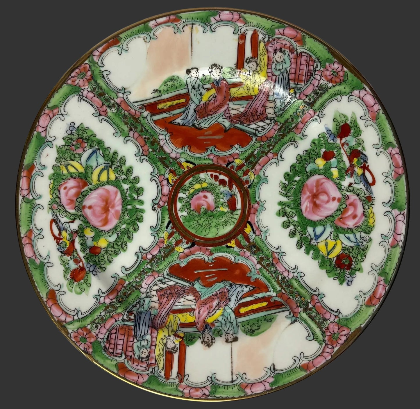 Chinese Famille Rose Medallion Porcelain Plate with Figures & Peonies, Qianlong-Style Mark