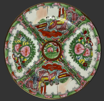 Chinese Famille Rose Medallion Porcelain Plate with Figures & Peonies, Qianlong-Style Mark
