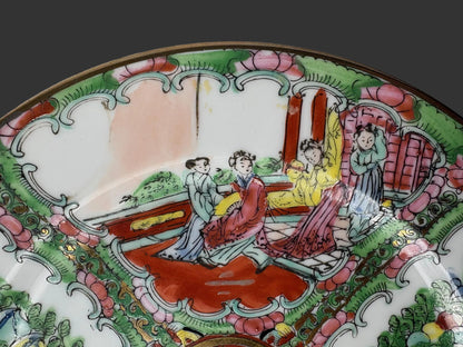 Chinese Famille Rose Medallion Porcelain Plate with Figures & Peonies, Qianlong-Style Mark
