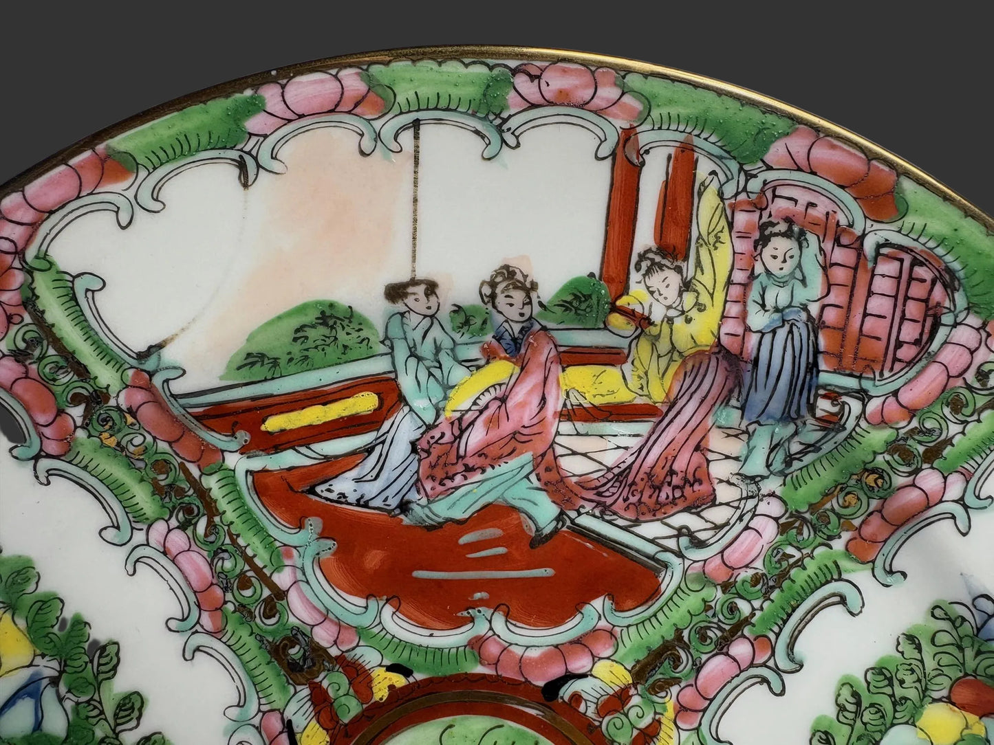 Chinese Famille Rose Medallion Porcelain Plate with Figures & Peonies, Qianlong-Style Mark