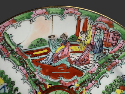 Chinese Famille Rose Medallion Porcelain Plate with Figures & Peonies, Qianlong-Style Mark
