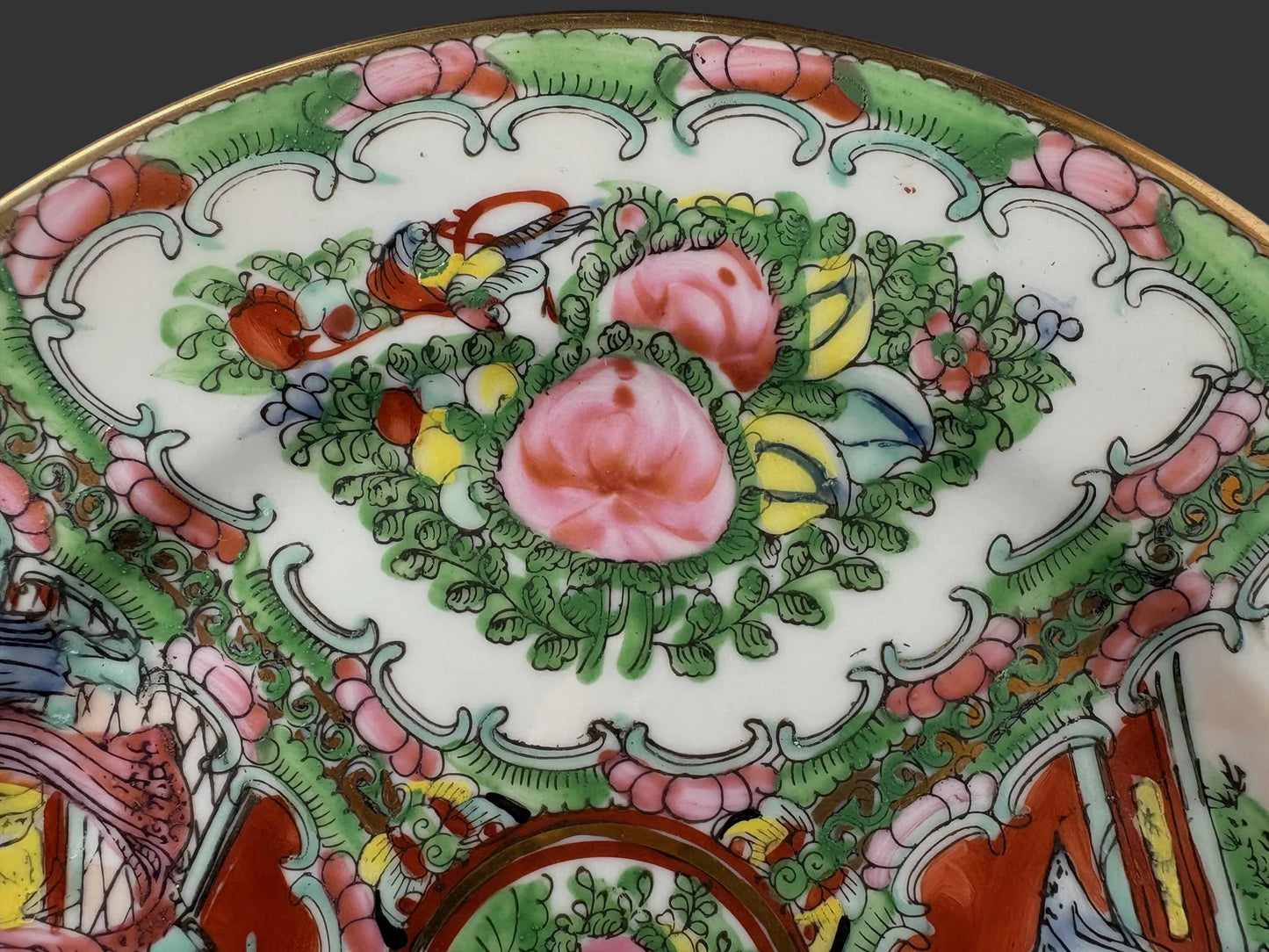 Chinese Famille Rose Medallion Porcelain Plate with Figures & Peonies, Qianlong-Style Mark