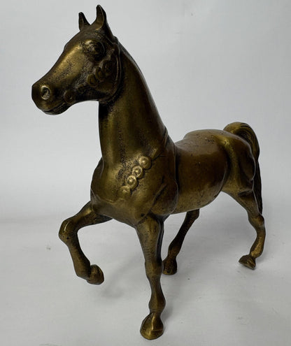 Pair of Antique Cast Brass Horse Figures (c. 1880–1920) – Heavy Equestrian Mantel Ornaments – 21cm