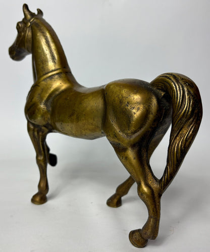 Pair of Antique Cast Brass Horse Figures (c. 1880–1920) – Heavy Equestrian Mantel Ornaments – 21cm