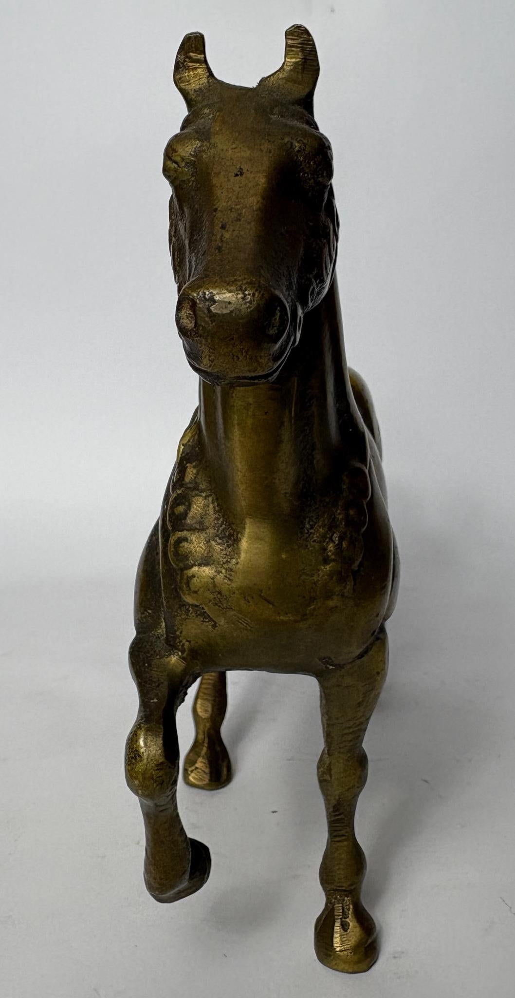 Pair of Antique Cast Brass Horse Figures (c. 1880–1920) – Heavy Equestrian Mantel Ornaments – 21cm