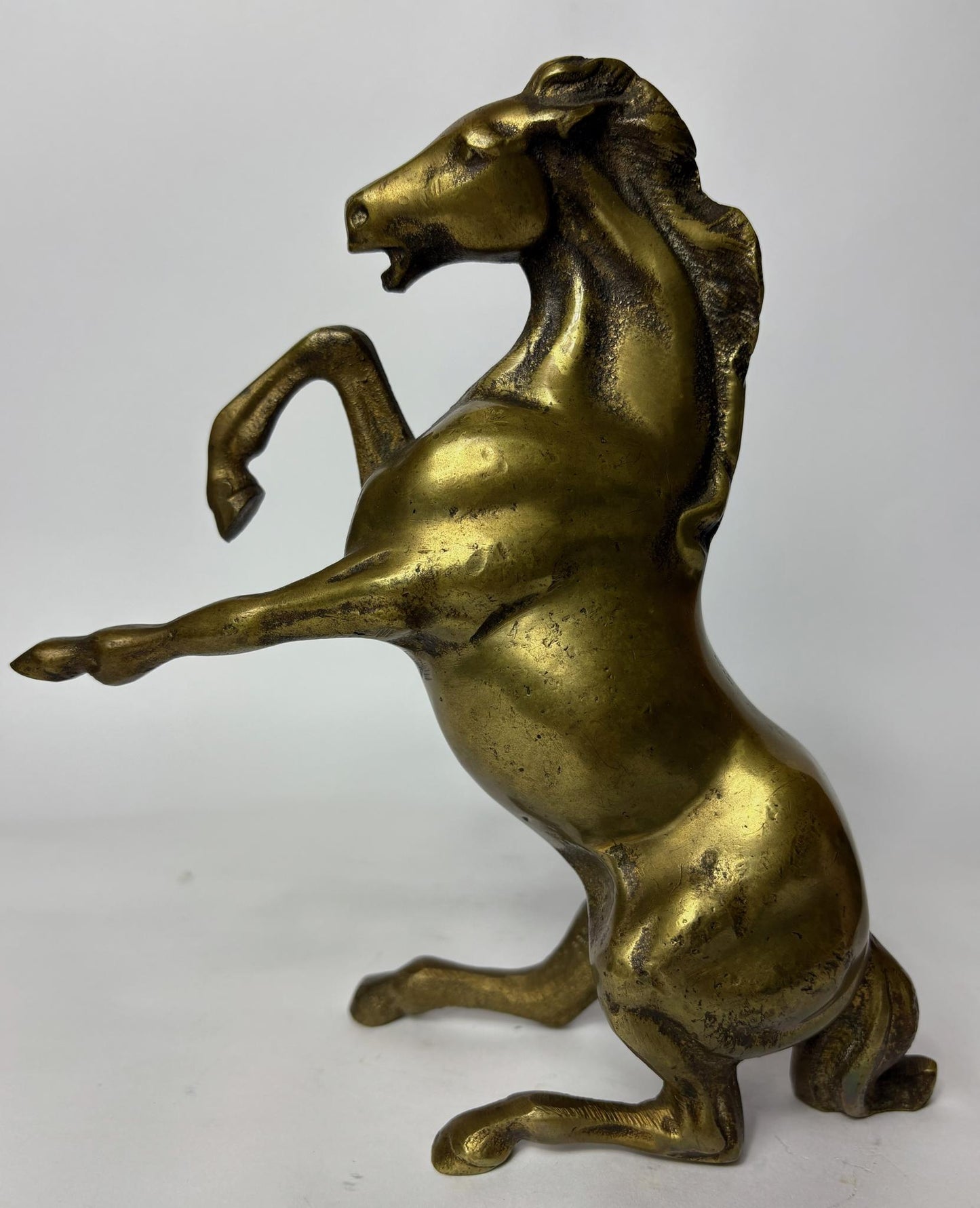 Pair of Antique Cast Brass Horse Figures (c. 1880–1920) – Heavy Equestrian Mantel Ornaments – 21cm