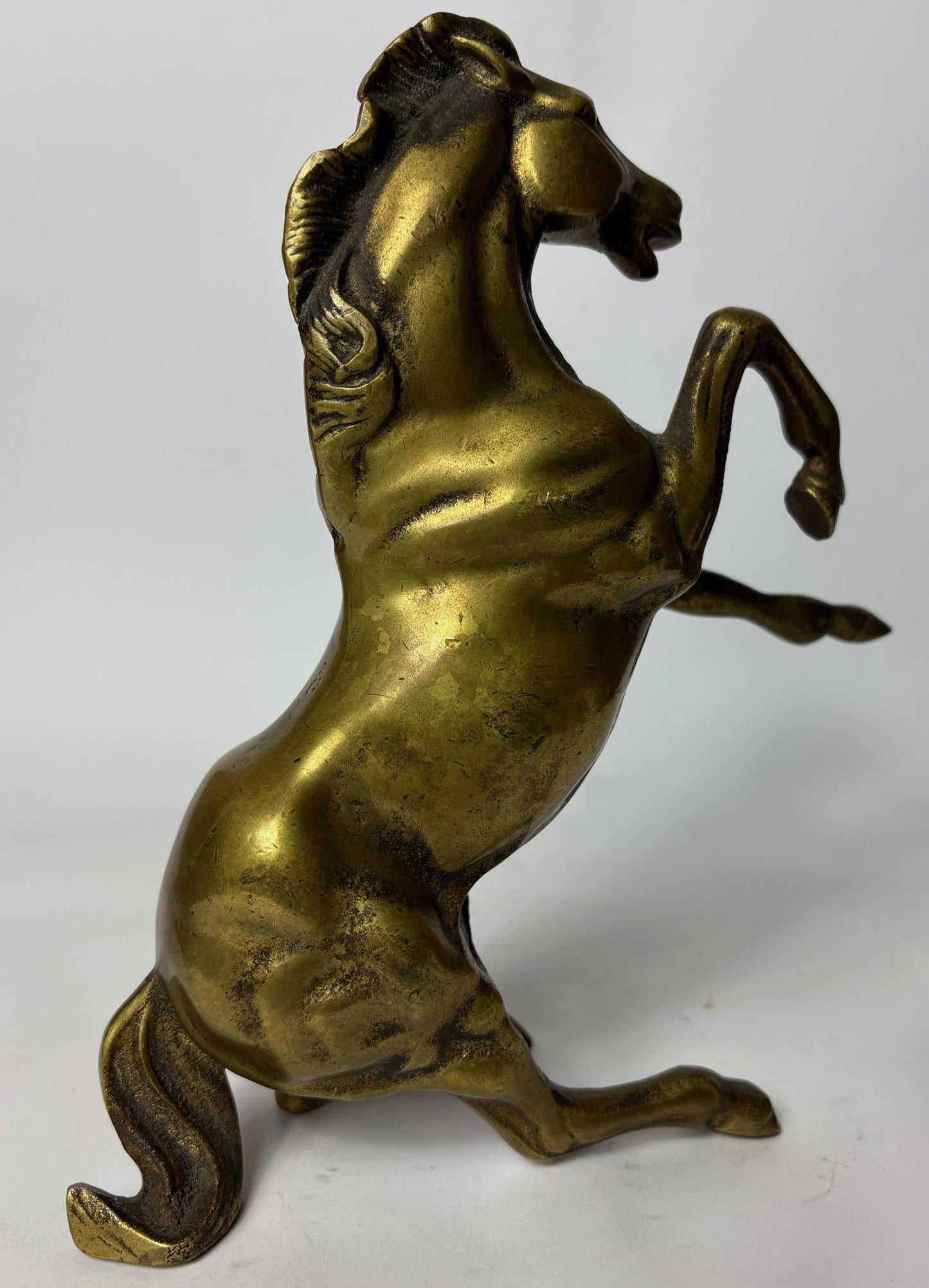 Pair of Antique Cast Brass Horse Figures (c. 1880–1920) – Heavy Equestrian Mantel Ornaments – 21cm