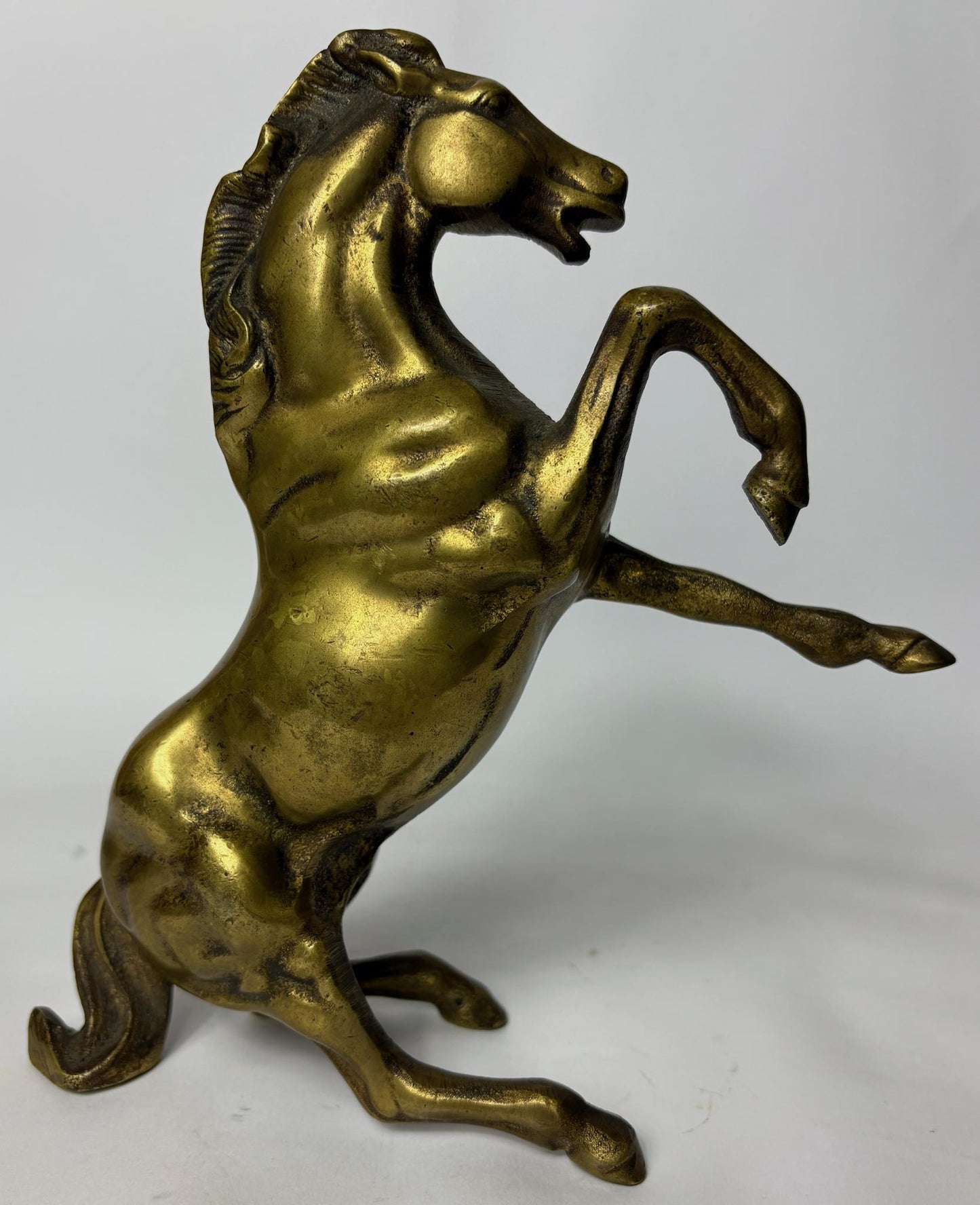 Pair of Antique Cast Brass Horse Figures (c. 1880–1920) – Heavy Equestrian Mantel Ornaments – 21cm