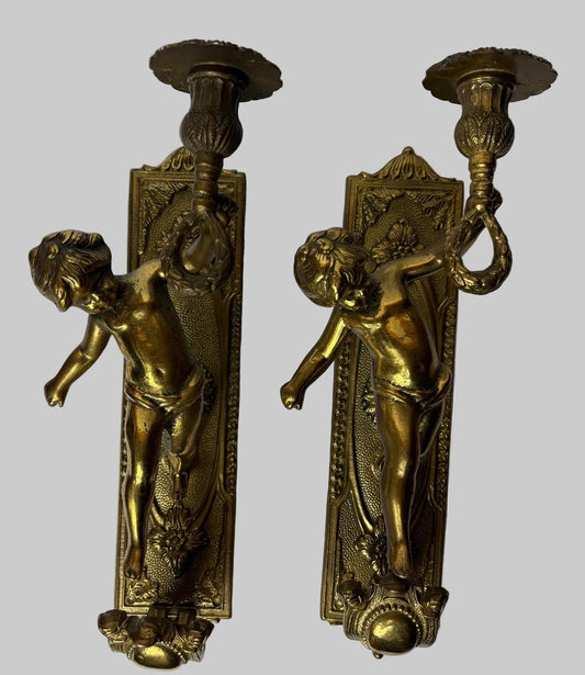 Pair of Antique Gilt Brass Figural Wall Sconces  / Candle-Style Wall Lights (31cm)