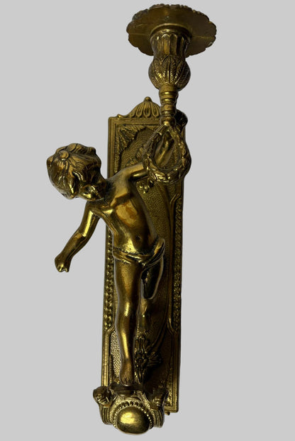 Pair of Antique Gilt Brass Figural Wall Sconces  / Candle-Style Wall Lights (31cm)