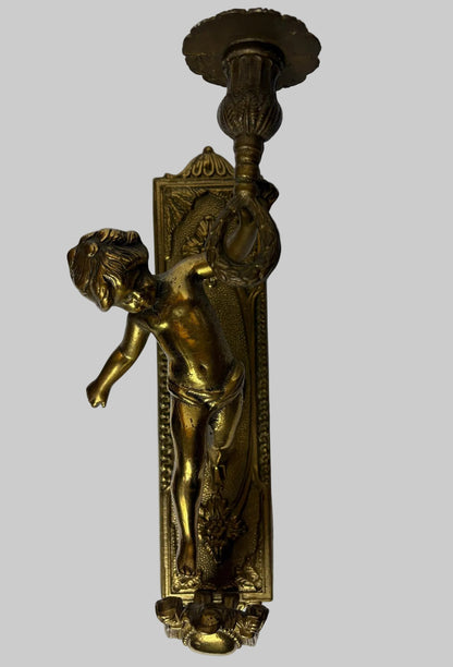 Pair of Antique Gilt Brass Figural Wall Sconces  / Candle-Style Wall Lights (31cm)