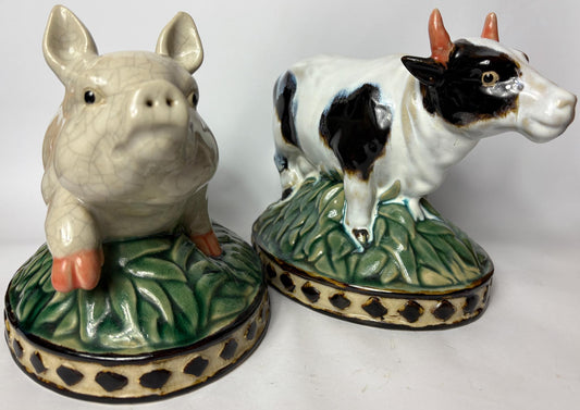 Pair of Vintage Glazed Ceramic Farm Animals – Cow & Pig on Oval Bases (c.25cm)
